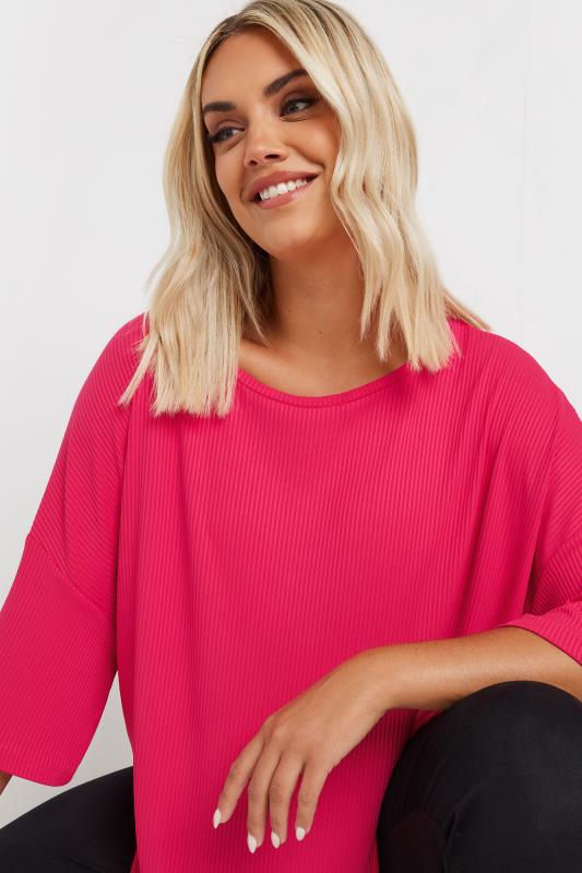 YOURS Plus Size Pink Side Split Ribbed T-Shirt | Yours Clothing 4