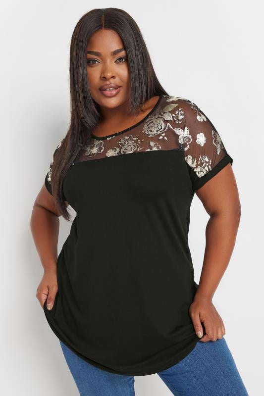 Plus Size  YOURS Curve Black Foil Floral Print Top