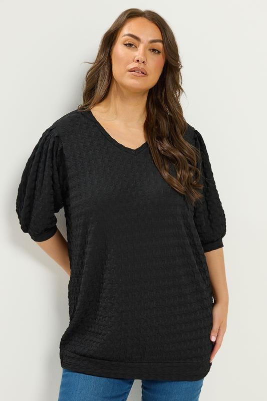  YOURS Curve Black Textured Balloon Sleeve Top