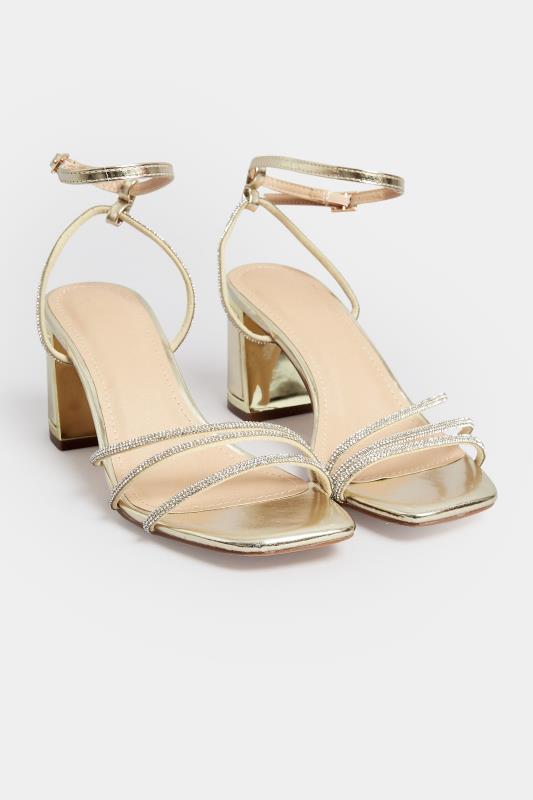 PixieGirl Gold Diamante Strap Mid Block Heel Sandals In Standard Fit | PixieGirl 2