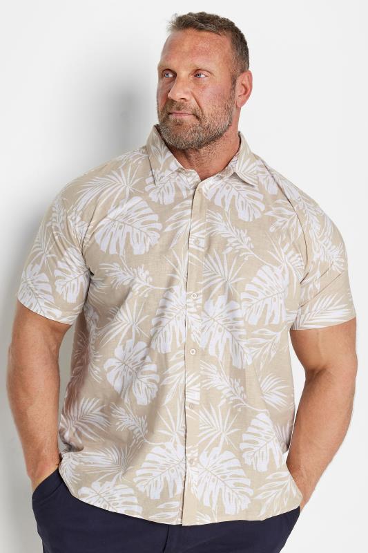  Tallas Grandes BadRhino Neutral Brown Premium Tropical Print Short Sleeve Linen Shirt