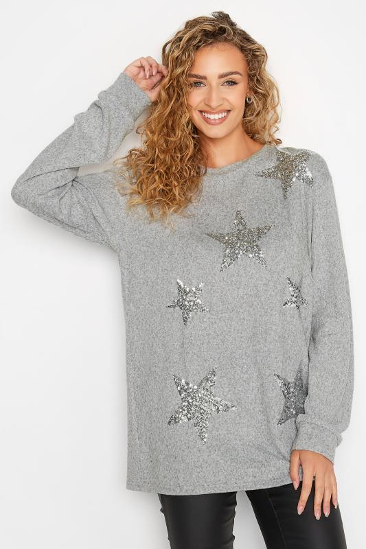 LTS Tall Grey Star Print Sequin Embellished Top 1