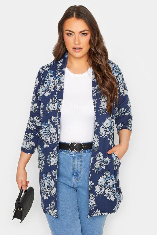 Plus Size Navy Blue Floral Longline Blazer | Yours Clothing 1