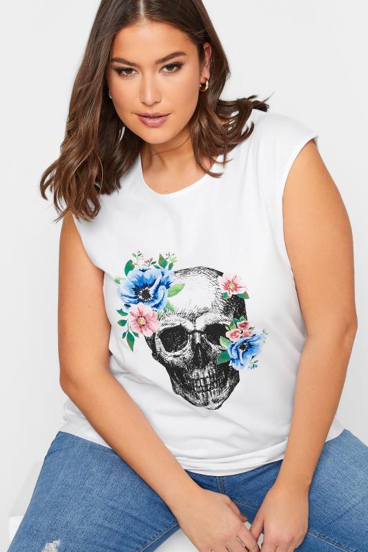 YOURS Plus Size White Floral Skull Print Vest Top | Yours Clothing 4