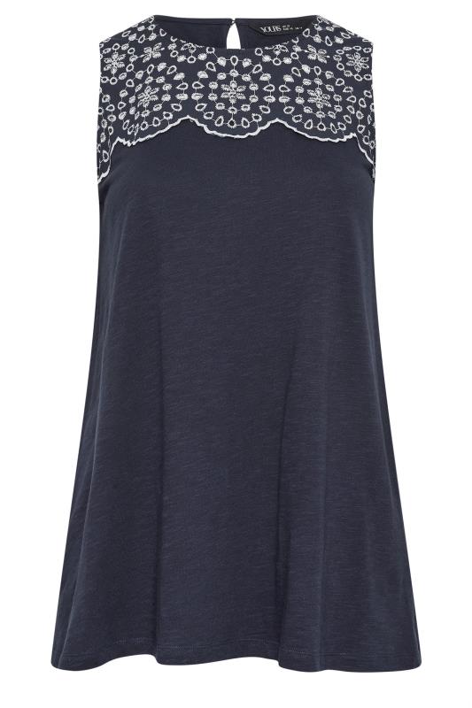 YOURS Plus Size Navy Blue Broderie Anglaise Detail Vest Top | Yours Clothing 5