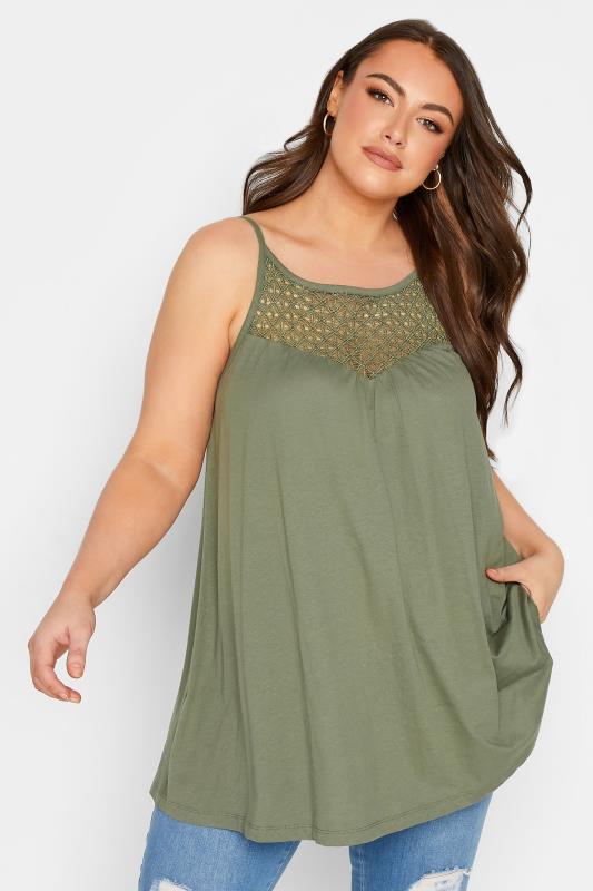 YOURS Plus Size Khaki Green Crochet Vest Top | Yours Clothing  1