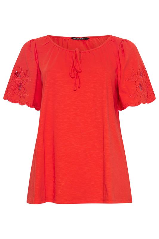 EVANS Plus Size Red Broderie Sleeve Tie Neck Blouse | Evans 5