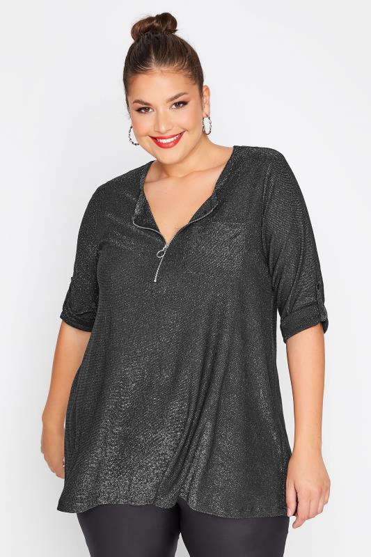 Plus Size Black Glitter Half Zip Top | Yours Clothing 1