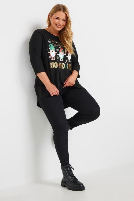 YOURS Plus Size Black 'Merry Gonkmas' Sequin Embellished Slogan Top | Yours Clothing  2