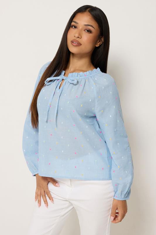 M&Co Petite Light Blue Dobby Tie Neck Blouse | M&Co 1