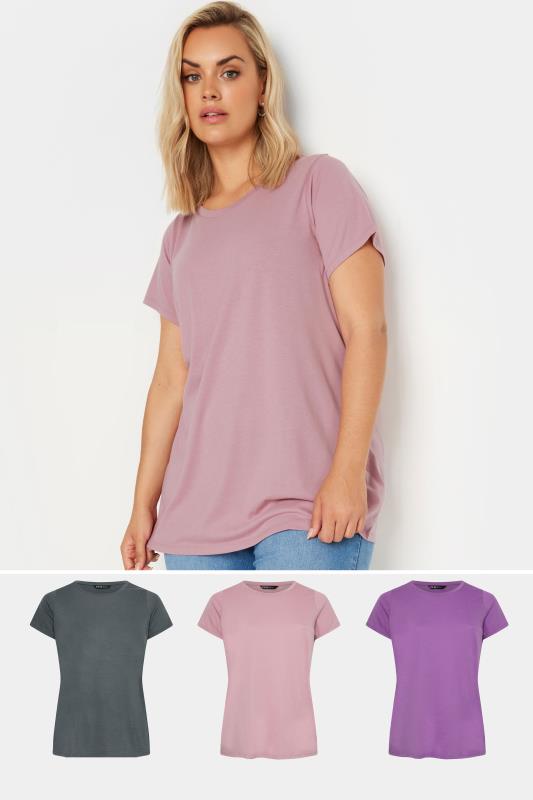 Plus Size  YOURS 3 PACK Curve Pink & Grey Core T-Shirts