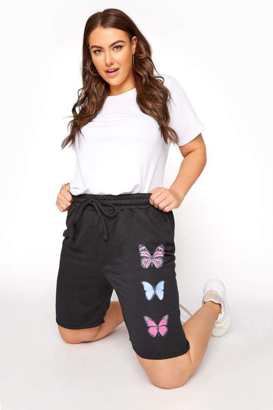 Black Butterfly Sweat Shorts | Yours 