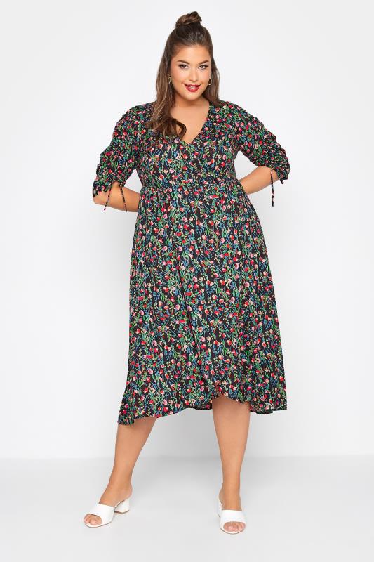 LIMITED COLLECTION Plus Size Floral Print Wrap Ruched Tea Dress | Yours Clothing 2