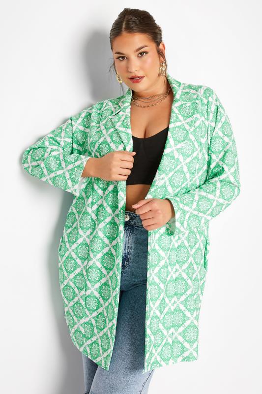 LIMITED COLLECTION Plus Size White & Green Tile Print Blazer | Yours Clothing 1
