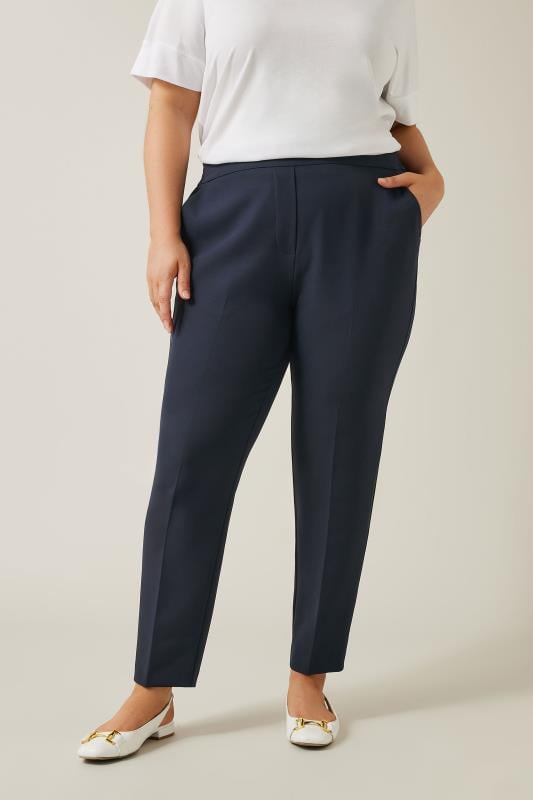 EVANS Plus Size Navy Blue Tapered Tailored Trousers | Evans 1