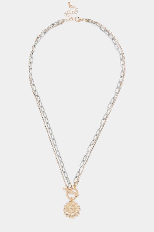  Collier chaîne multi-rang doré et argenté à pendentif fleur