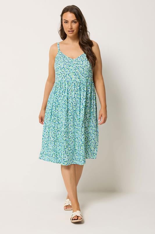  YOURS vestido midi azul con florecillas y tirantes