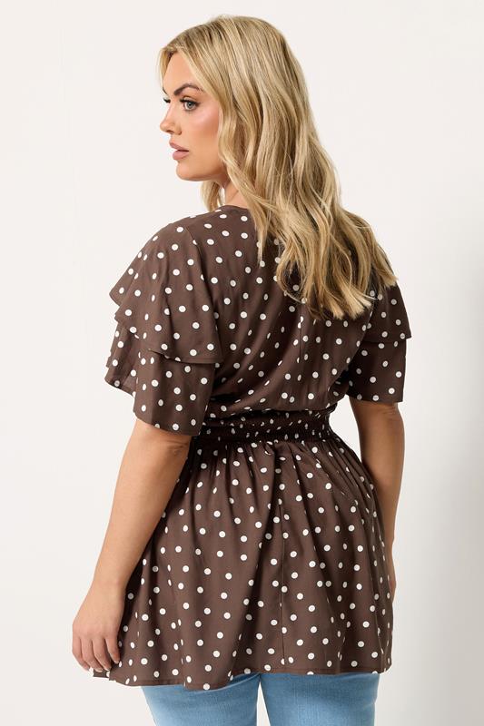 YOURS Plus Size Chocolate Brown Polka Dot Flutter Sleeve Top | Yours Clothing 2
