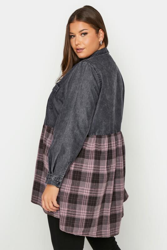 Plus Size Grey & Pink Check Print Peplum Denim Shirt | Yours Clothing 3