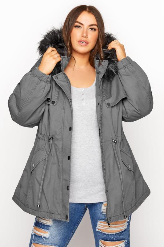 Plus Size  Grey Faux Fur Lined Hooded Parka