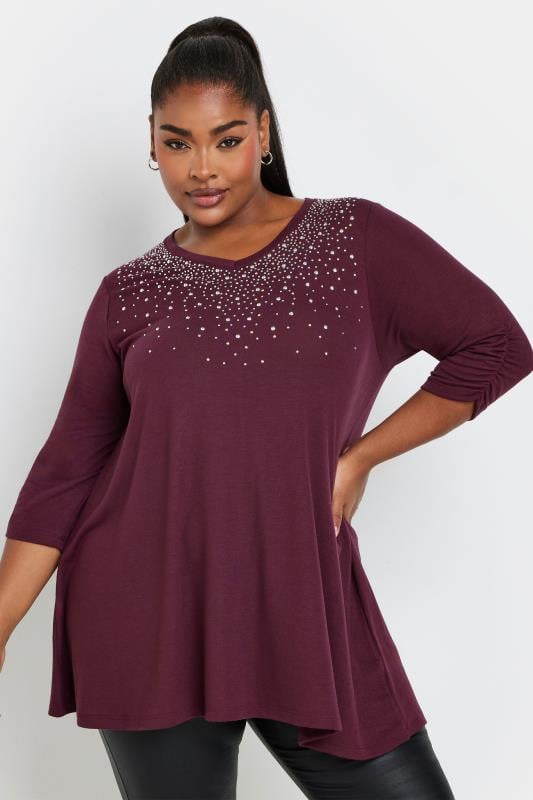 YOURS Plus Size Purple Diamante Stud Swing Top | Yours Clothing  4