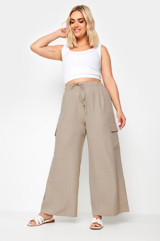 YOURS Plus Size Brown Linen Look Cargo Trousers | Yours Clothing 2