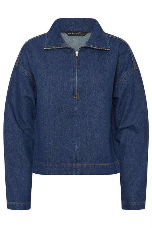 PixieGirl Petite Women's Dark Blue Denim Quarter Zip Cotton Top | PixieGirl 10