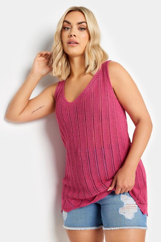 Plus Size  YOURS Curve Pink Crochet Knitted Vest Top