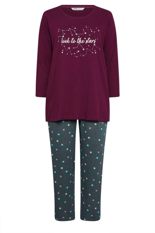 YOURS Plus Size Wine Red 'Look At The Stars' Star Print Pyjama Set | Yours Clothing 5