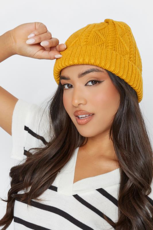 Mustard Yellow Cable Knitted Beanie Hat 2