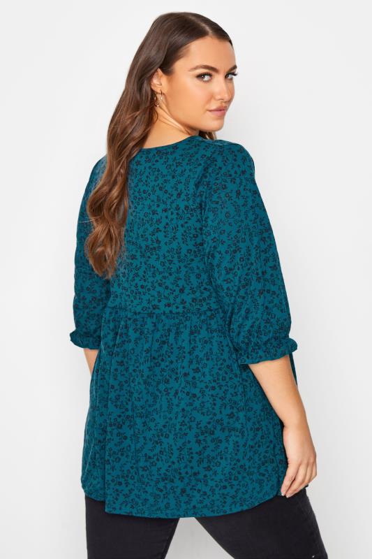 LIMITED COLLECTION Curve Teal Blue Ditsy Print Frill Peplum Top 2