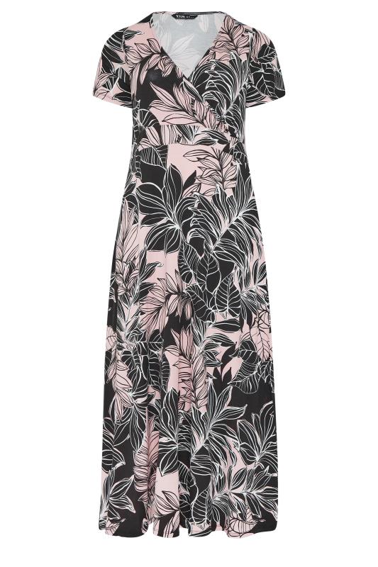 YOURS Curve Black & Pink Leaf Print  Midaxi Wrap Dress | Yours Clothing  6