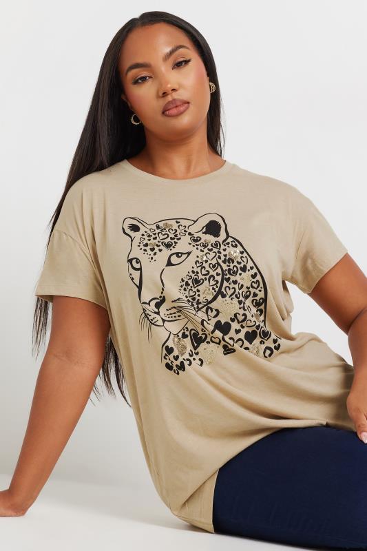 YOURS Plus Size Natural Brown Leopard Print Sequin T-Shirt | Yours Clothing  1