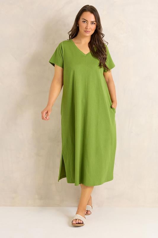 EVANS Plus Size 2 Pack Green & Navy Blue Cotton Dresses | Evans 4