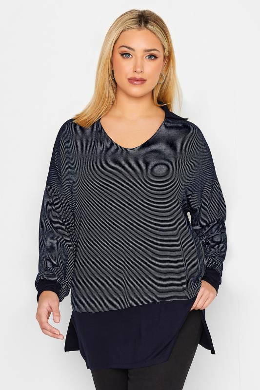 YOURS Plus Size Curve Blue & Black Stripe Polo Neck Top | Yours Clothing  1