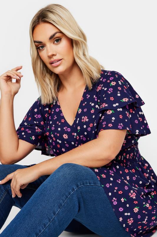  Grande Taille YOURS Curve Navy Blue Ditsy Print Flutter Sleeve Peplum Top