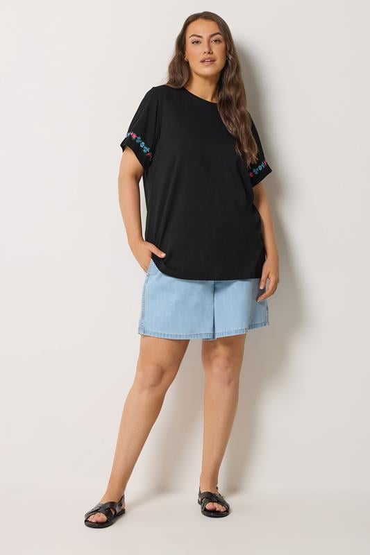 YOURS Plus Size Black Embroidered Floral Sleeve Detail T-Shirt | Yours Clothing 2