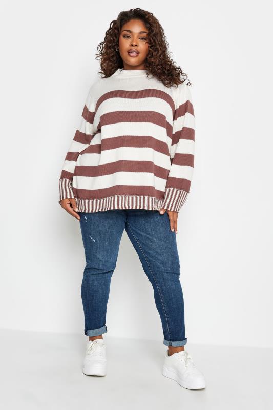 YOURS Plus Size White & Brown Stripe Jumper | Yours Clothing 3
