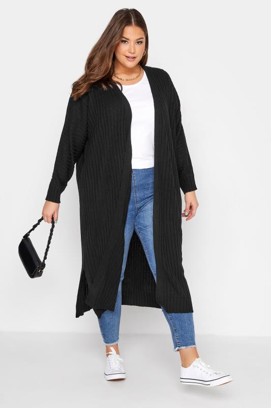 Plus Size Curve Black Ribbed Knitted Maxi Cardigan | Yours Clothing  2