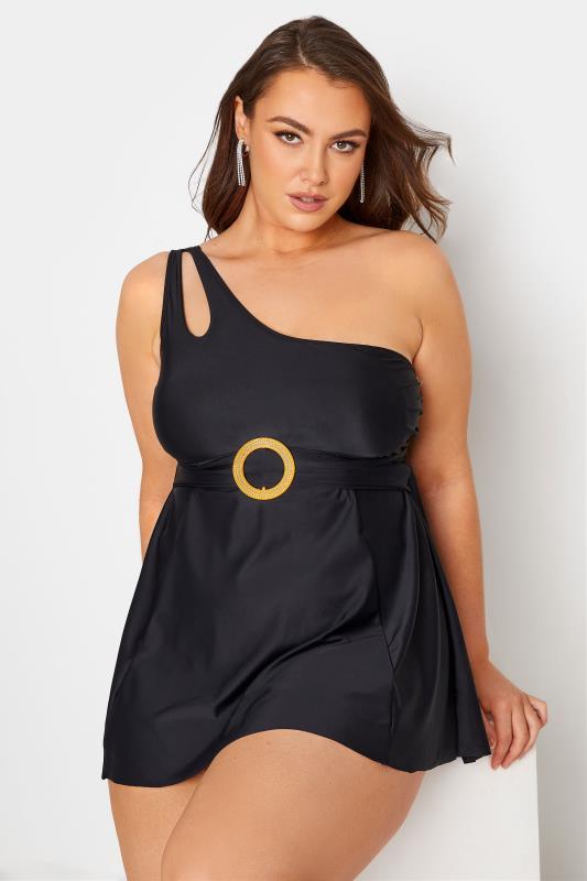  Grande Taille Curve Black One Shoulder Belted Swim Dress