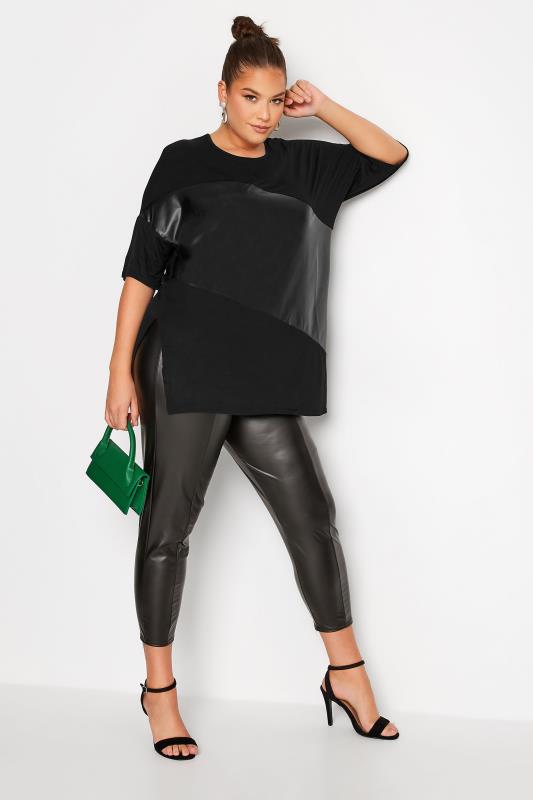 Plus Size Black Leather Look Colour Block Oversized T-Shirt | Yours Clothing 2