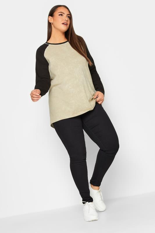 YOURS Curve Natural Beige & Black Long Sleeve Raglan Top | Yours Clothing 3