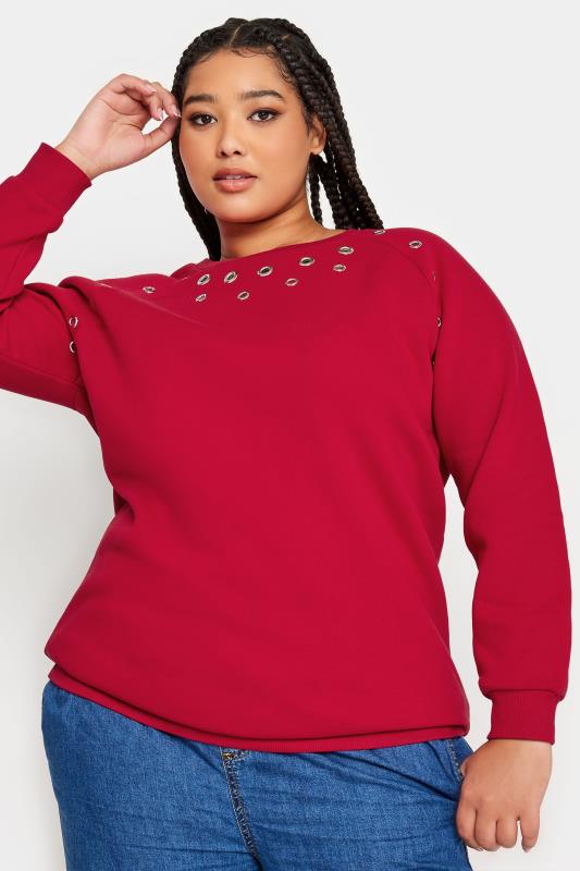 YOURS Curve Red Eyelet Detail Sweatshirt | Yours Clothing 1