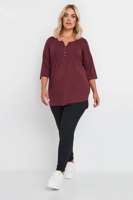 YOURS Plus Size Burgundy Red Pintuck Henley Top | Yours Clothing 2