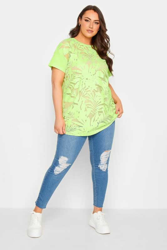YOURS Plus Size Lime Green Floral Mesh Panel T-Shirt | Yours Clothing 2