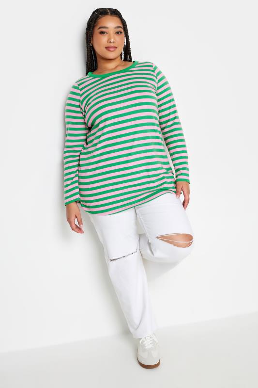 YOURS Curve Green & Pink Stripe Long Sleeve T-Shirt | Yours Clothing 2