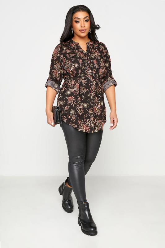 Plus Size Black Paisley Print Pintuck Shirt | Yours Clothing  2