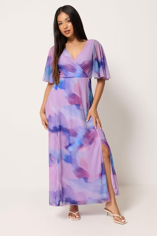  M&Co Petite vestido largo rosa y azul de manga ángel