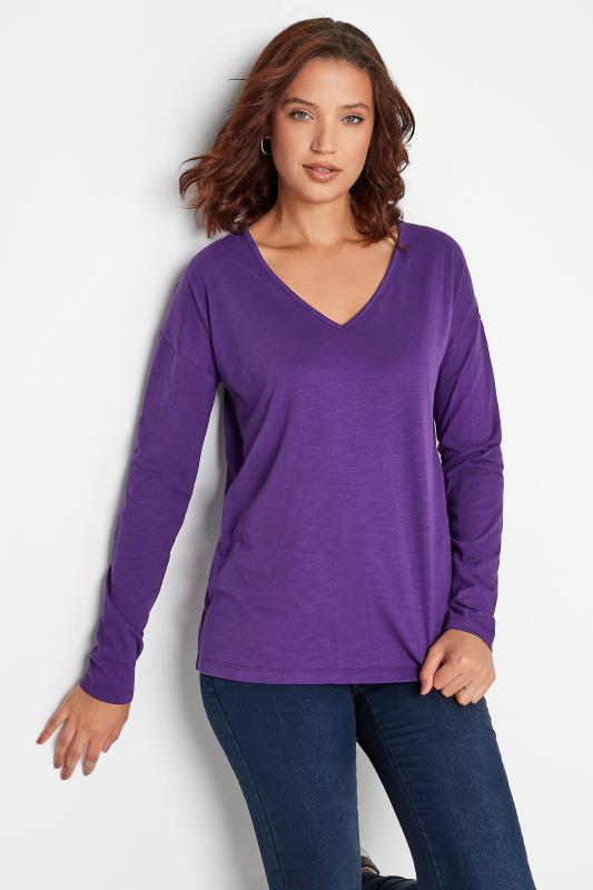 LTS Tall Purple V-Neck Long Sleeve Cotton T-Shirt 1