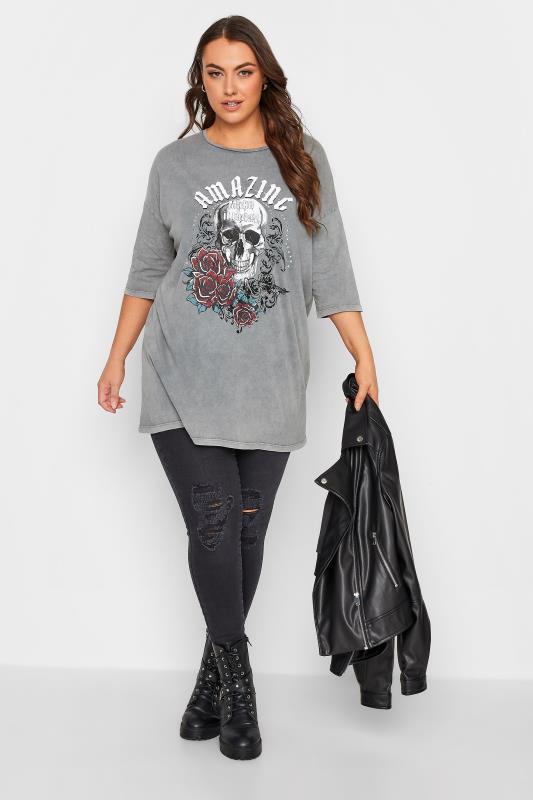 Plus Size Grey 'Amazing' Skull Graphic Printed T-Shirt | Yours Clothing 2